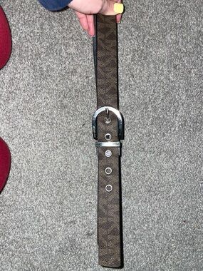 Michael Kors Brown Logo-Print Leather Belt with Silver Buckle